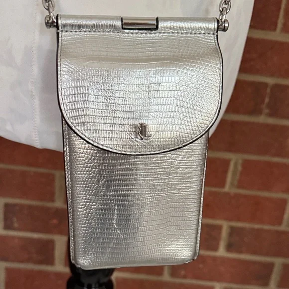Ralph Lauren Silver Tone Leather Phone Crossbody Bag - Picture 2 of 6